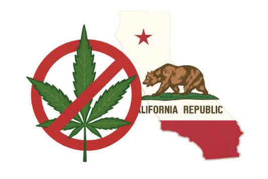 California permanently bans hemp-derived THC products in 2025, state outline, cannabis leaf, and prohibition symbol illustration.