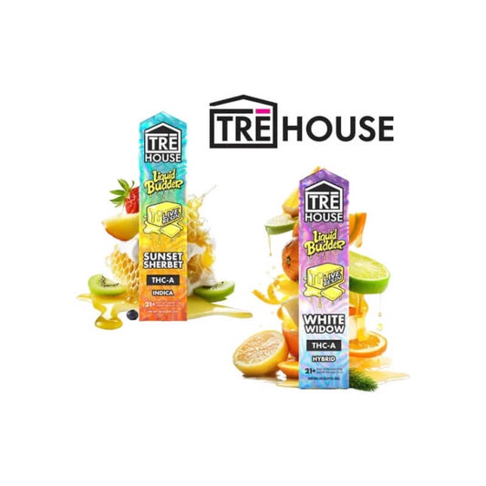  This is a picture of Tre House Liquid Budder THCA Vape Pens, Sunset Sherbet, and White Widow, featuring live resin budder, THCA, delta 8, delta 9, and THC-P for a potent, flavorful experience.