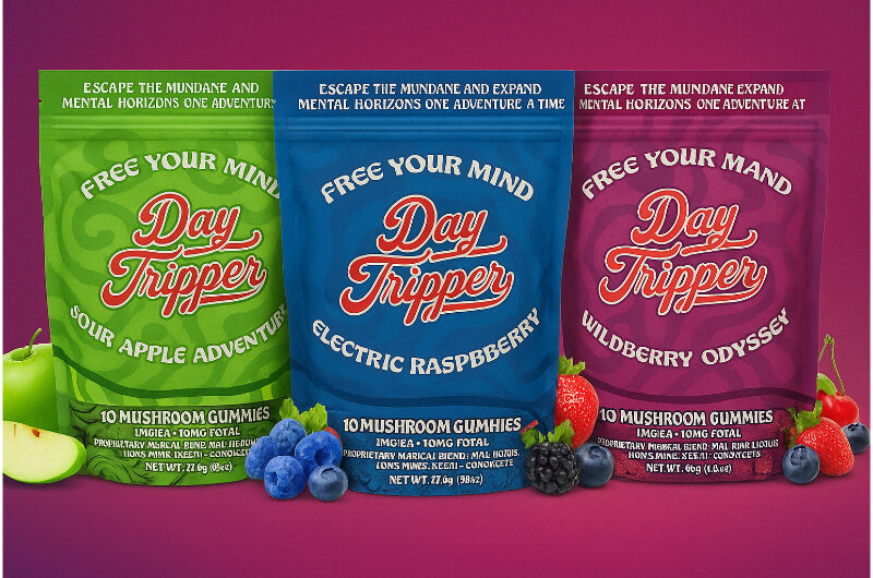 Day Tripper Magic Mushroom Gummies in three flavors—Sour Apple, Electric Raspberry, Wildberry Odyssey, front-facing product lineup