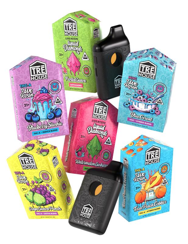 A picture of Tre House liquid diamonds 3.5g disposable vape carts.