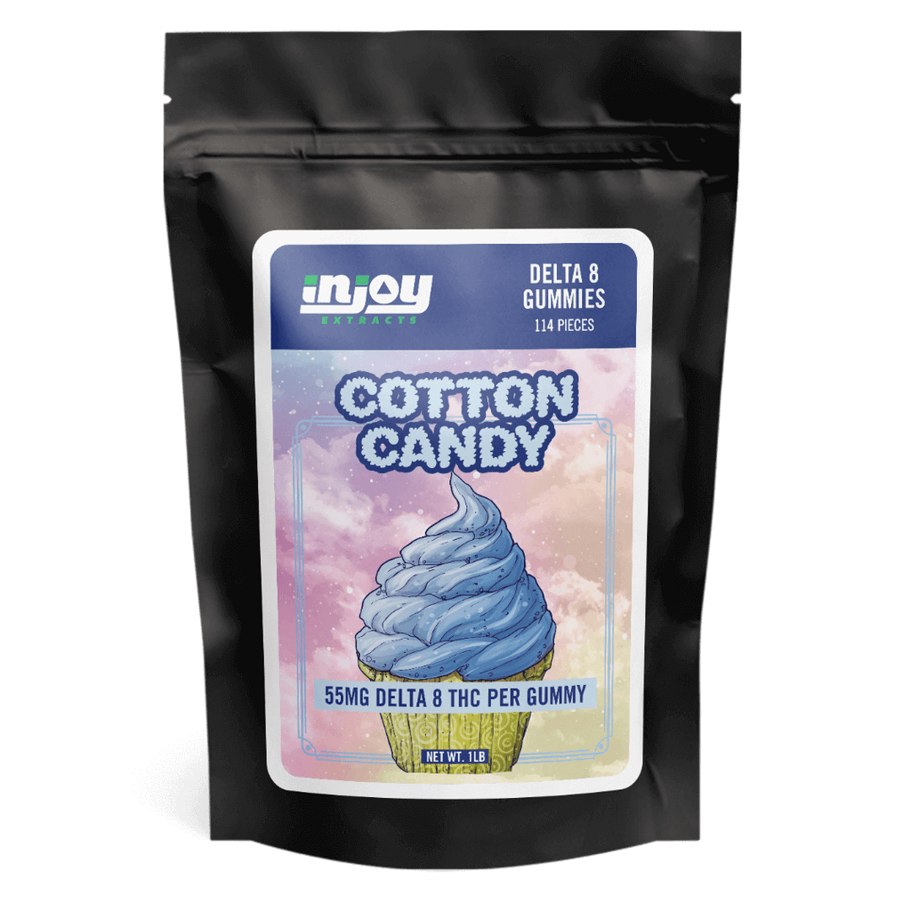 Delta 8 THC Gummies bag by Injoy Extracts, 114 count, vegan, 50mg each, made in USA.