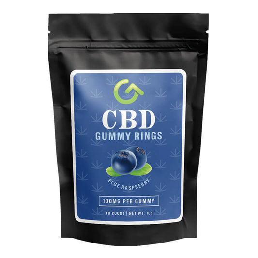 Good CBD 100mg CBD Gummy Rings blue raspberry flavor 48 count black pouch with blue label and blueberry graphic.