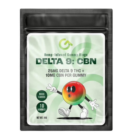 Pack of Delta 9, CBD, CBN Gummies in Watermelon, Peach, and Blue Raspberry flavors.