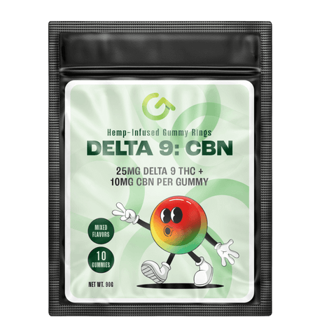 Pack of Delta 9, CBD, CBN Gummies in Watermelon, Peach, and Blue Raspberry flavors.