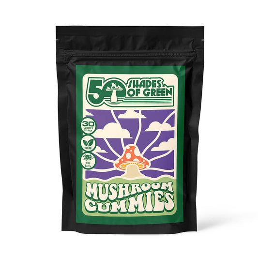 Bag of 50 Shades of Green Wild Berry Mushroom Gummies with 30 gummies per bag. 