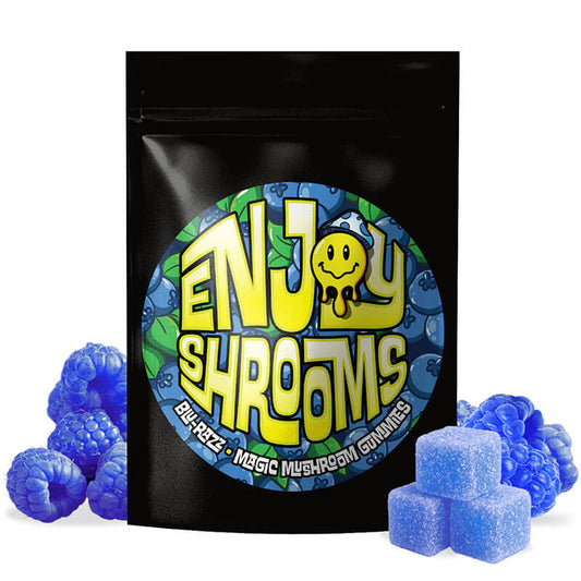 Front of Enjoy Shrooms Bulk Magic Mushroom Gummies 50ct bag, Blue Raspberry flavor in resealable travel-friendly pouch