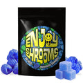 Front of Enjoy Shrooms Bulk Magic Mushroom Gummies 50ct bag, Blue Raspberry flavor in resealable travel-friendly pouch