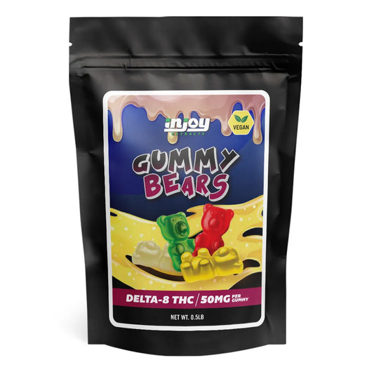 50mg Vegan Delta 8 gummy bears come with 65 vegan bears per pack and have mixed fruit flavors.