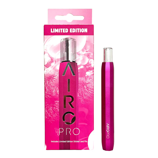 A photo of the AiroPro limited edition survivor pink battery next to the box. 
