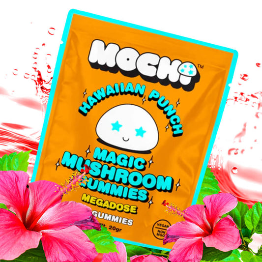 A product photo for Mochi magic mushroom gummies Hawaiian Punch flavor. 