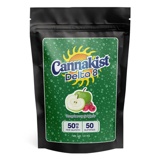 Cannakist Delta 8 Gummies 50mg Raspberry and Apple flavor in black resealable bag with green label – 50 count.