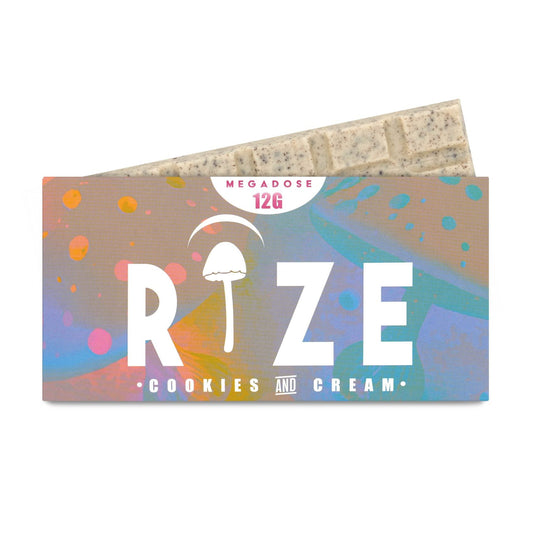 Rize Cookies and Cream 12g Megadose Mushroom Chocolate Bar in branded packaging showing scored white chocolate tiles with crushed Oreo cookie pieces.
