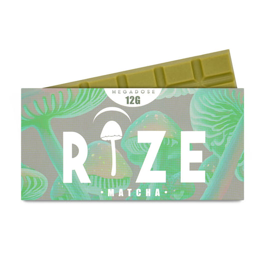 Rize Matcha 12g Megadose Mushroom Chocolate Bar in branded packaging showing scored green-tinted white chocolate tiles