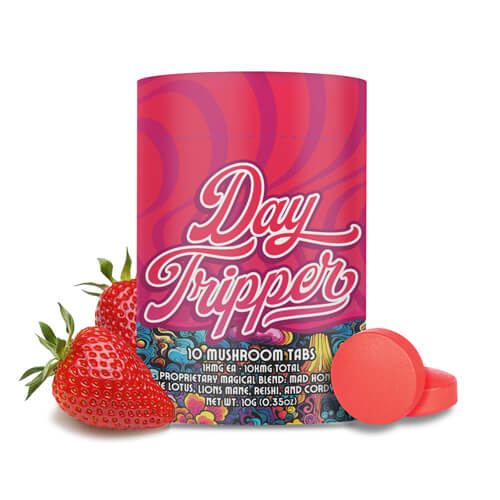  Day Tripper Strawberry Safari Mushroom Tablets are formulated with Mad Honey and Blue Lotus Extract. they are quick-dissolve tablets for mood boost.
