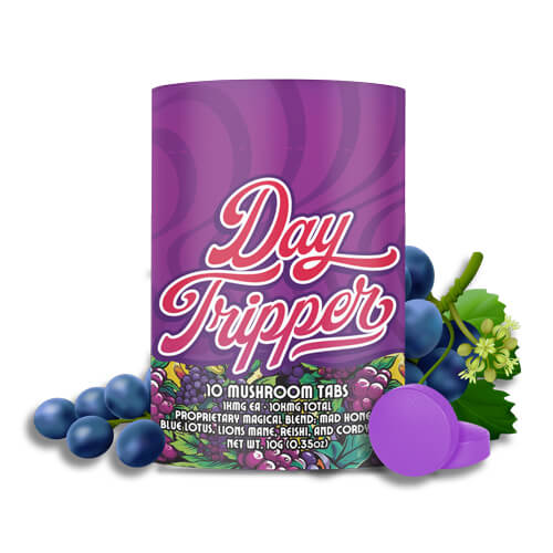  Day Tripper Electric Grape Mushroom Tablets are formulated with Mad Honey and Blue Lotus Extract. they are quick-dissolve tablets for mood boost.