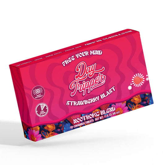  Day Tripper Strawberry Safari Mushroom Tablets are formulated with Mad Honey and Blue Lotus Extract. they are quick-dissolve tablets for mood boost.