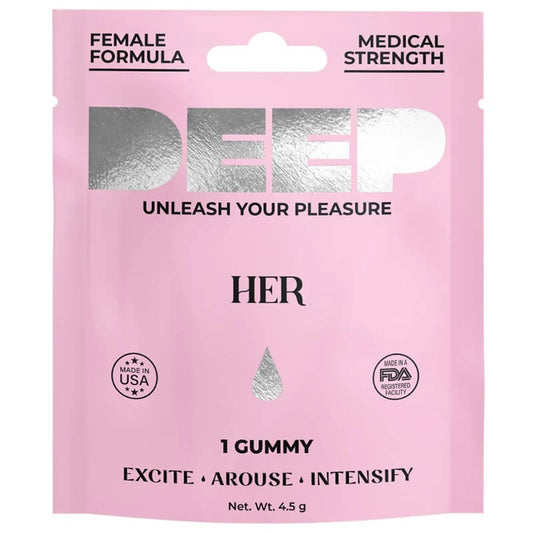 DEEP Female Enhancement Gummies, strawberry-flavored libido booster, herbal terpene blend, safe and legal.