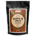 Assorted Delta 8 Gummy Discs in flavors Blueberry, Apple, and Cherry are displayed colorfully, highlighting vegan, 50mg THC content.