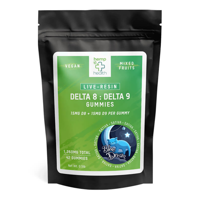 A photo of Hemp Health Delta 8/Delta 9 live resin gummies with 30mg of live resin per gummy. 