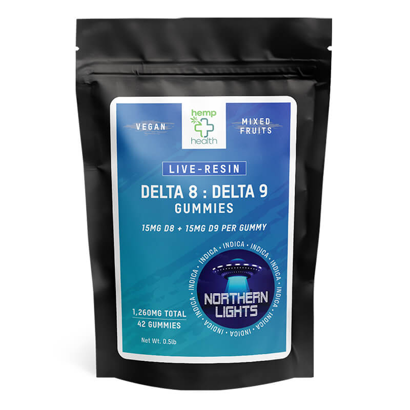 Northern Lights Indica Live Resin Gummies 42ct front packaging Delta 9 + Delta 8 lab-tested.