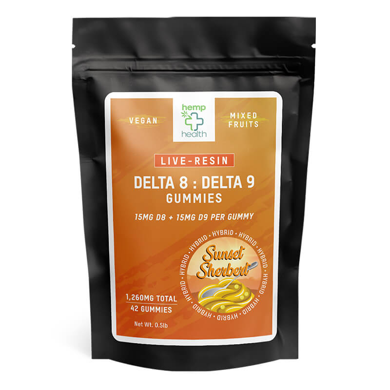 Sunset Sherbert Hybrid Live Resin Gummies 42ct front packaging Delta 9 + Delta 8 lab-tested.