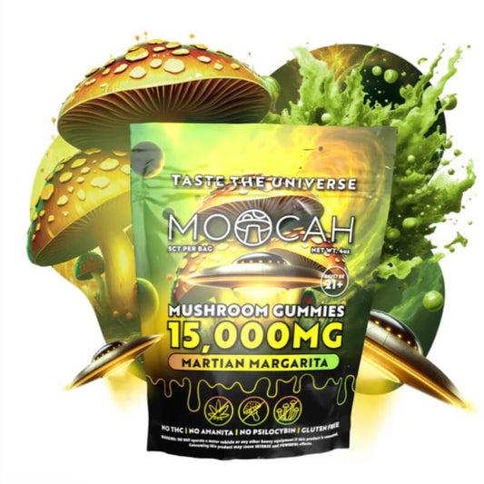 Moocah Martian Margarita Mushroom Gummies 15,000mg bag with galactic lime margarita design.