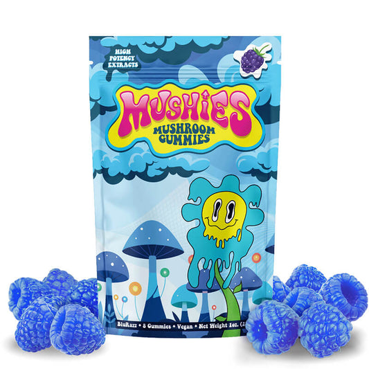 Mushies Blue Raspberry Magic Mushroom Gummies front packaging high-potency vegan lab-tested USA-made.