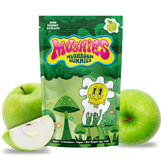 Mushies Apple Mushroom Gummies front packaging high-potency vegan lab-tested USA-made.