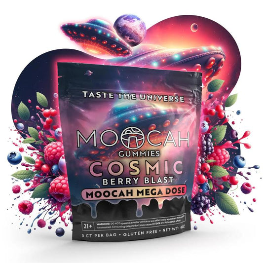 A product photo of moocah mega dose cosmic gummies berry  blast flavor.