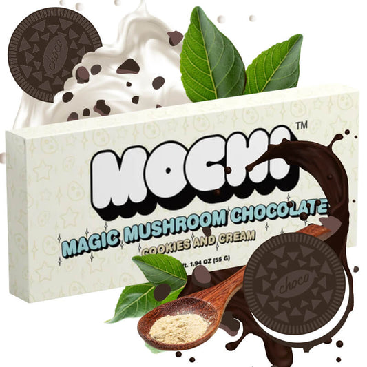 Product rendering of Mochi magic mushroom chocolate with Cookies and Cream flavor. 