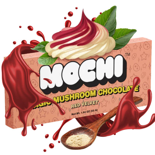 Product rendering of Mochi magic mushroom chocolate with Red Velvet cake flavor. 