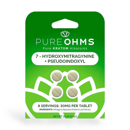 Pure Ohms 7-OHPseudo Tablets packaging, highlighting precise Kratom dosing for relaxation and focus.
