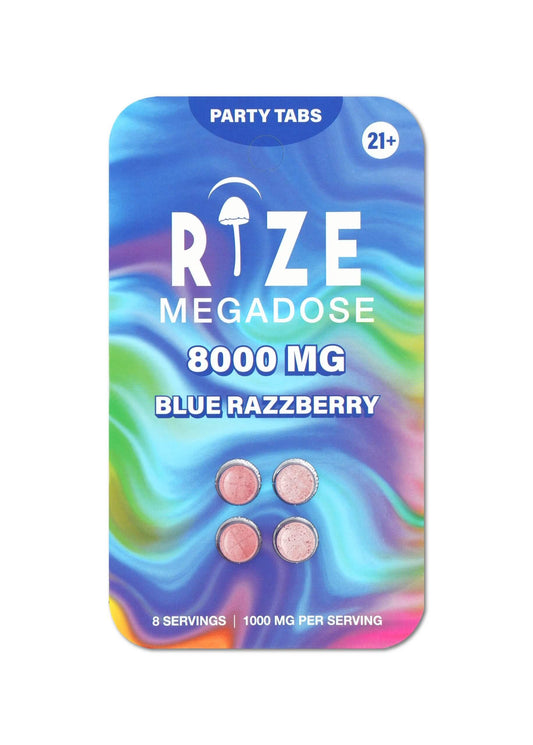 Blue Razzberry Party Tabs 8000mg blister pack — four pre-scored electric blue raspberry mushroom blend tablets with vivid bold blue and purple candy-style packaging.