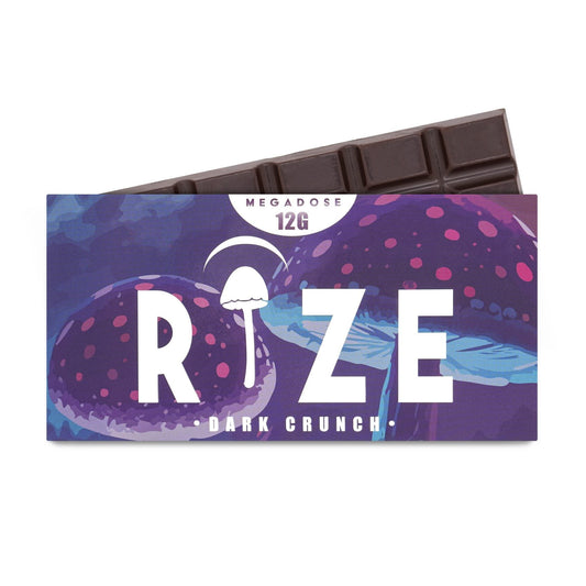 Rize Dark Crunch 12g Megadose Mushroom Chocolate Bar in branded packaging showing scored tiles of 70 percent dark chocolate with crushed cookie pieces