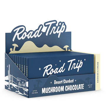 Cookies & Cream Road Trip Magic Mushroom Chocolate Bar with 8 breakable white chocolate squares and cookie crunch.
