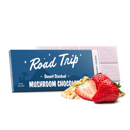 Strawberry Crunch Road Trip Mushroom Bar with white chocolate, strawberry flavor, puffed rice, and 8 easy-to-dose squares.