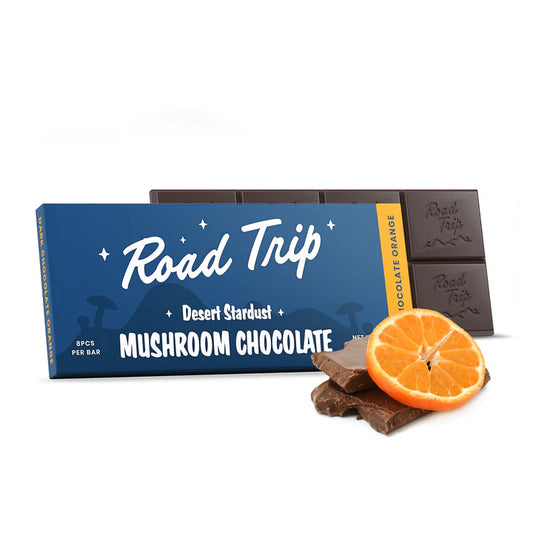 Dark Chocolate & Orange Road Trip Mushroom Bar with 8 breakable pieces infused with citrus and mushroom extract.