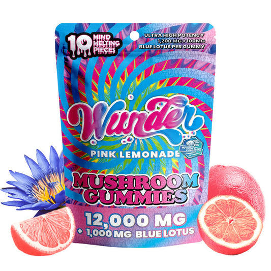 Wunder potent magic mushroom and blue lotus gummies packaging with pink lemonade flavor.