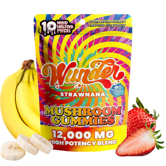 Wunder potent strawnana flavored magic mushroom gummies packaging with bananas and strawberries around the packaging.