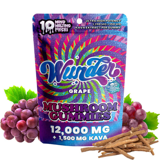 Wunder potent magic mushroom and  kava gummies packaging with grapes and kava sticks.