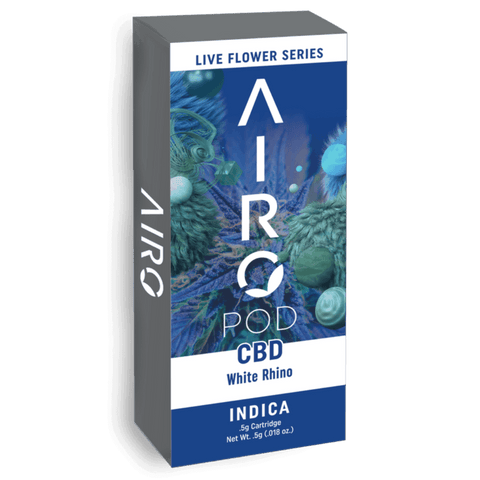 Product image of Airopod Live Flower Series White Rhino Strain CBD Cartridge, showcasing its sleek design and purity.