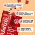 MshrooM FX Extra Strength Bulk Mushroom Gummies Strawberry 50 count red bag opened with gummy pieces falling out on peach background featuring four product callouts extra strength nootropic blend for higher potency resealable bag for freshness 50 gummies per bag saving up to $720.00 dollars per year and minimal vegan gluten-free ingredients with no high fructose corn syrup