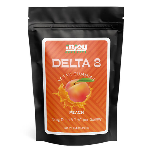 Bag of Peach Delight 75mg Delta 8 Gummies featuring juicy peach flavor and high-quality, vegan ingredients for a serene high.