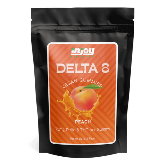 Bag of Peach Delight 75mg Delta 8 Gummies featuring juicy peach flavor and high-quality, vegan ingredients for a serene high.