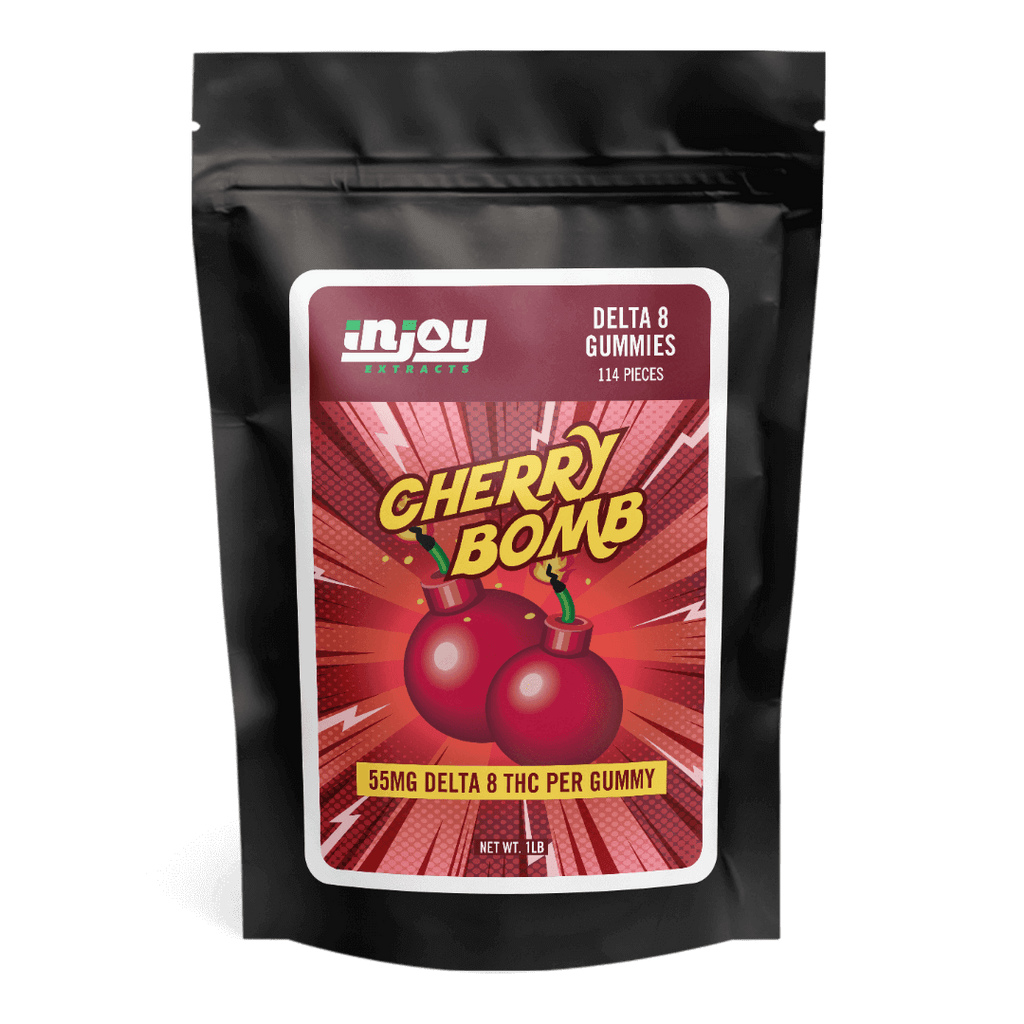 Cherry Bomb 50mg Delta 8 Gummies package by Injoy Extracts, vibrant and inviting.