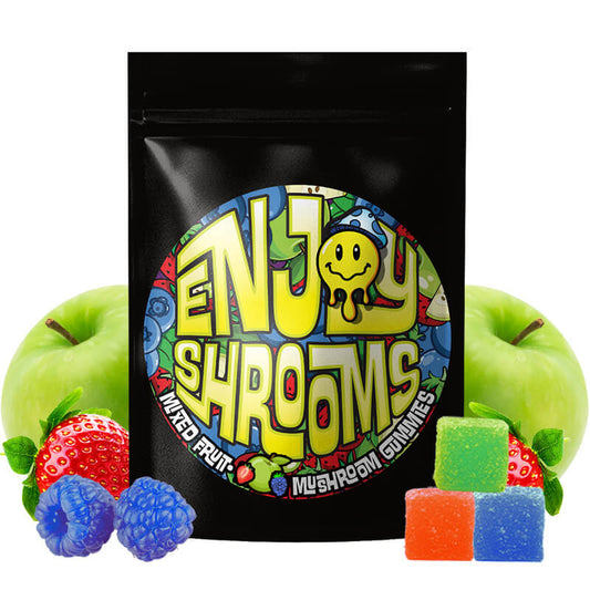Enjoy Shrooms Bulk Mixed Fruit Mushroom Gummies 50 count bag.