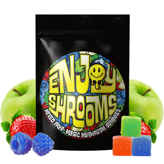 Enjoy Shrooms Bulk Mixed Fruit Mushroom Gummies 50 count bag.