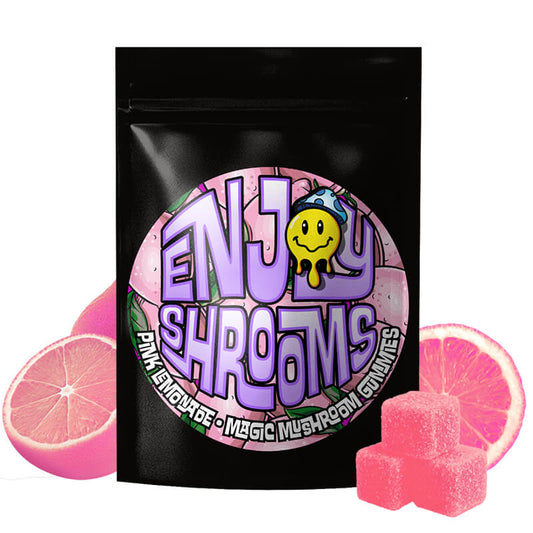 Enjoy Shrooms Bulk Pink Lemonade Mushroom Gummies, 50-count bag, with bright citrus flavor and bulk value.