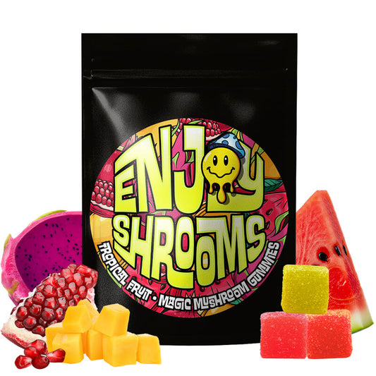 Enjoy Shrooms Bulk Tropical Fruit Mushroom Gummies 50 count bag featuring bold tropical flavor and bulk value.