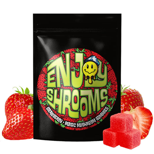  Front packaging of Enjoy Shrooms Bulk Magic Mushroom Gummies 50ct bag in strawberry flavor – resealable and travel-friendly.